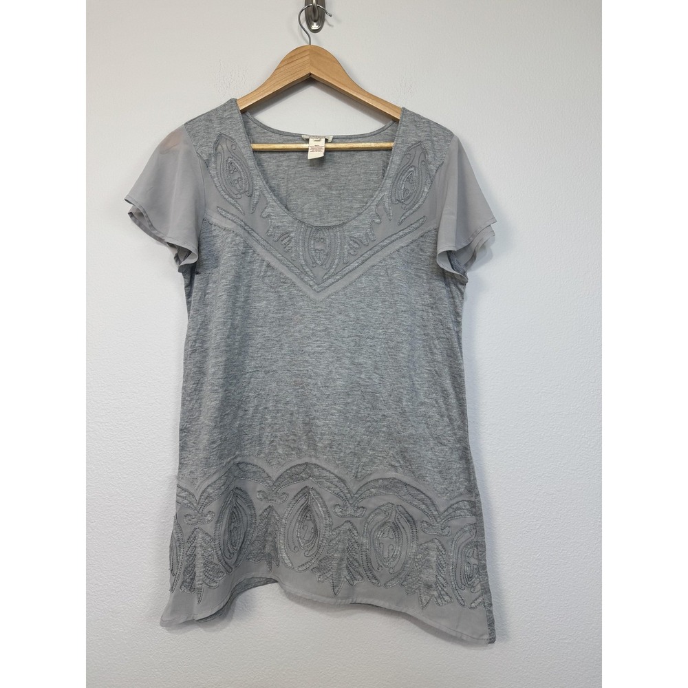 Sundance Tunic Top Women's Medium Gray Embroidered Paisley Flutter Sleeve Boho